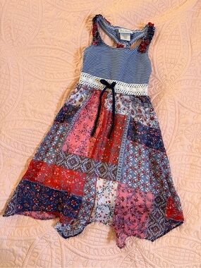 Jona Michelle Navy, Red & Pink Patchwork Maxi Dress with Crochet Waist